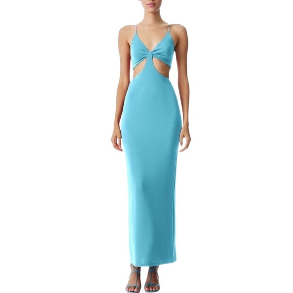 ALICE + OLIVIA - NWT Havana Aqua Blue Stretch Jersey Cut-Out Maxi Sz 6 - Picture 1 of 9